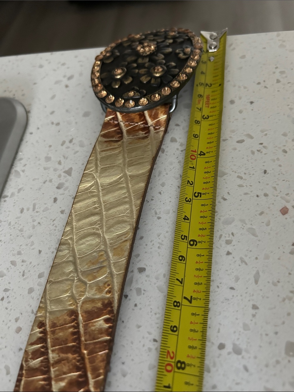 Gold Floral Crystal Oval Buckle Croc-Embossed Women's Belt - Picture 10 of 14